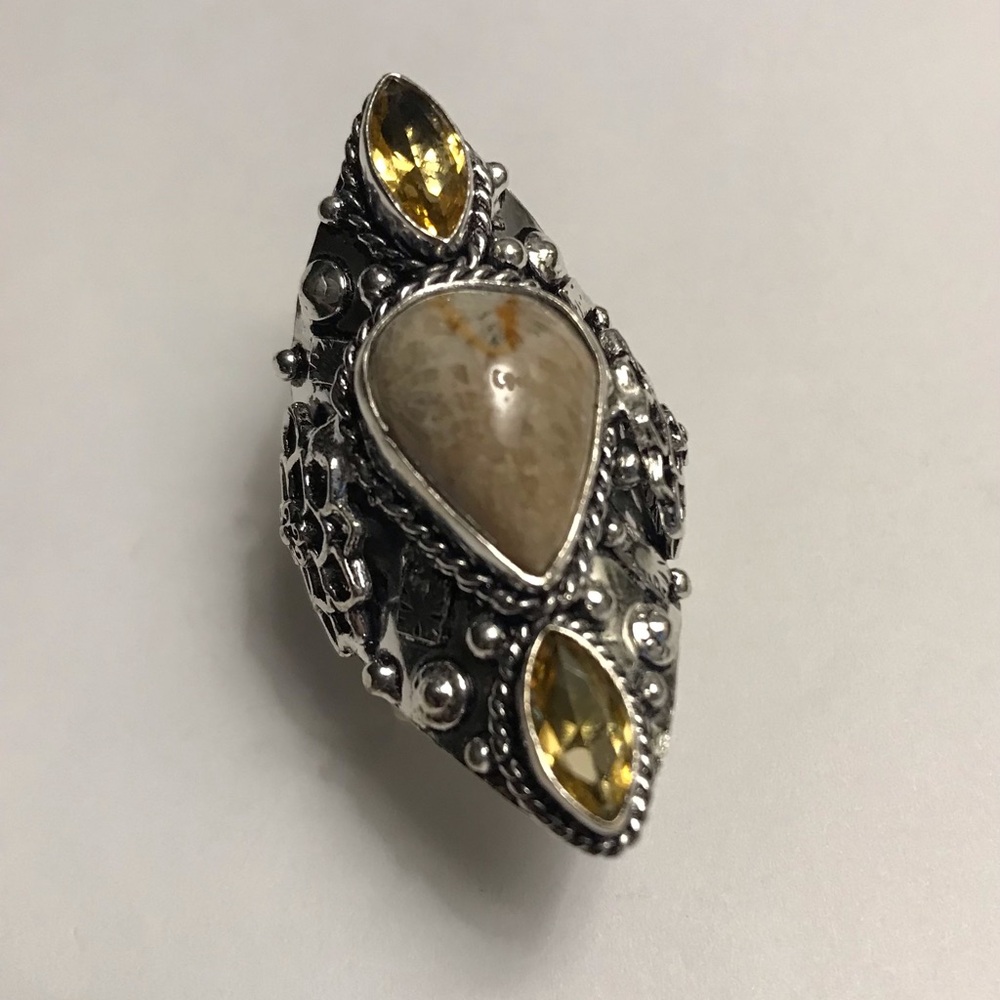 Citrine Fossil Stamped 925 Sterling Silver Ring